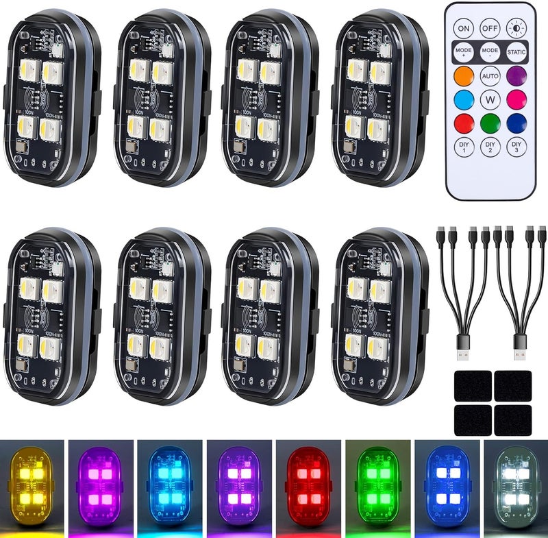 Aukmak Upgraded 4LEDs 8PCS Wireless LED Strobe Lights with Remote Control, 8 Colors Type-C Rechargeable Led Lights Anti Collision Warning Light for Car Motorcycle Bike Drone Aircraft - Image 1